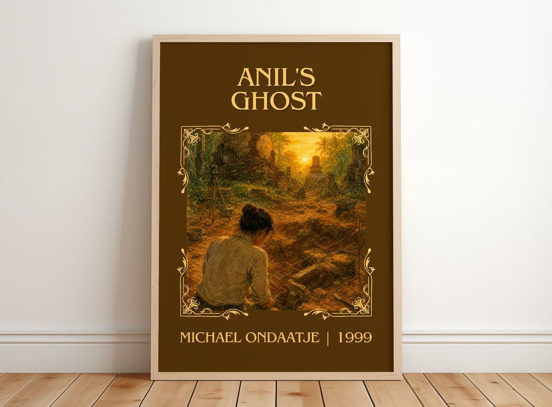 Anil's Ghost Classic Book Art Print by Michael Ondaatje – framed print leaning on a wooden floor