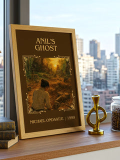 Anil's Ghost Classic Book Art Print by Michael Ondaatje – framed print on a city-view windowsill
