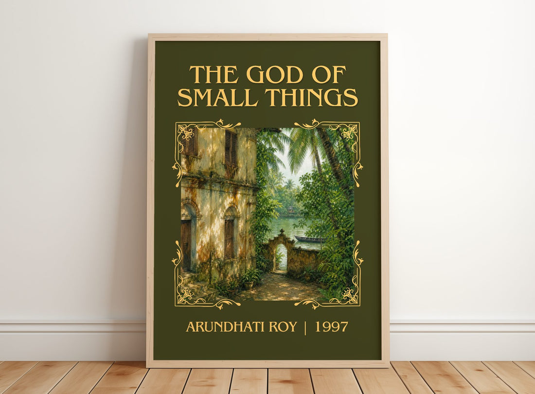 The God of Small Things Classic Book Art Print by Arundhati Roy – framed print leaning on a wooden floor