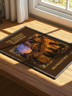 Ministry of Utmost Happiness Classic Book Art Print by Arundhati Roy – print on a sunlit desk