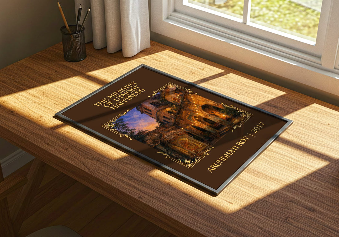 Ministry of Utmost Happiness Classic Book Art Print by Arundhati Roy – print on a sunlit desk