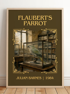 Flaubert's Parrot Classic Book Art Print by Julian Barnes – framed print leaning on a wooden floor
