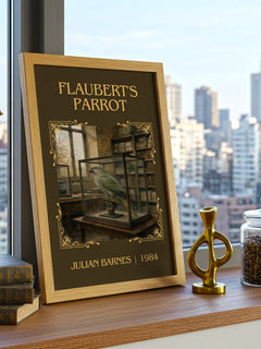 Flaubert's Parrot Classic Book Art Print by Julian Barnes – framed print on a city-view windowsill