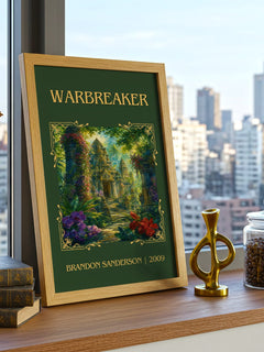 Warbreaker Classic Book Art Print by Brandon Sanderson – framed print on a city-view windowsill