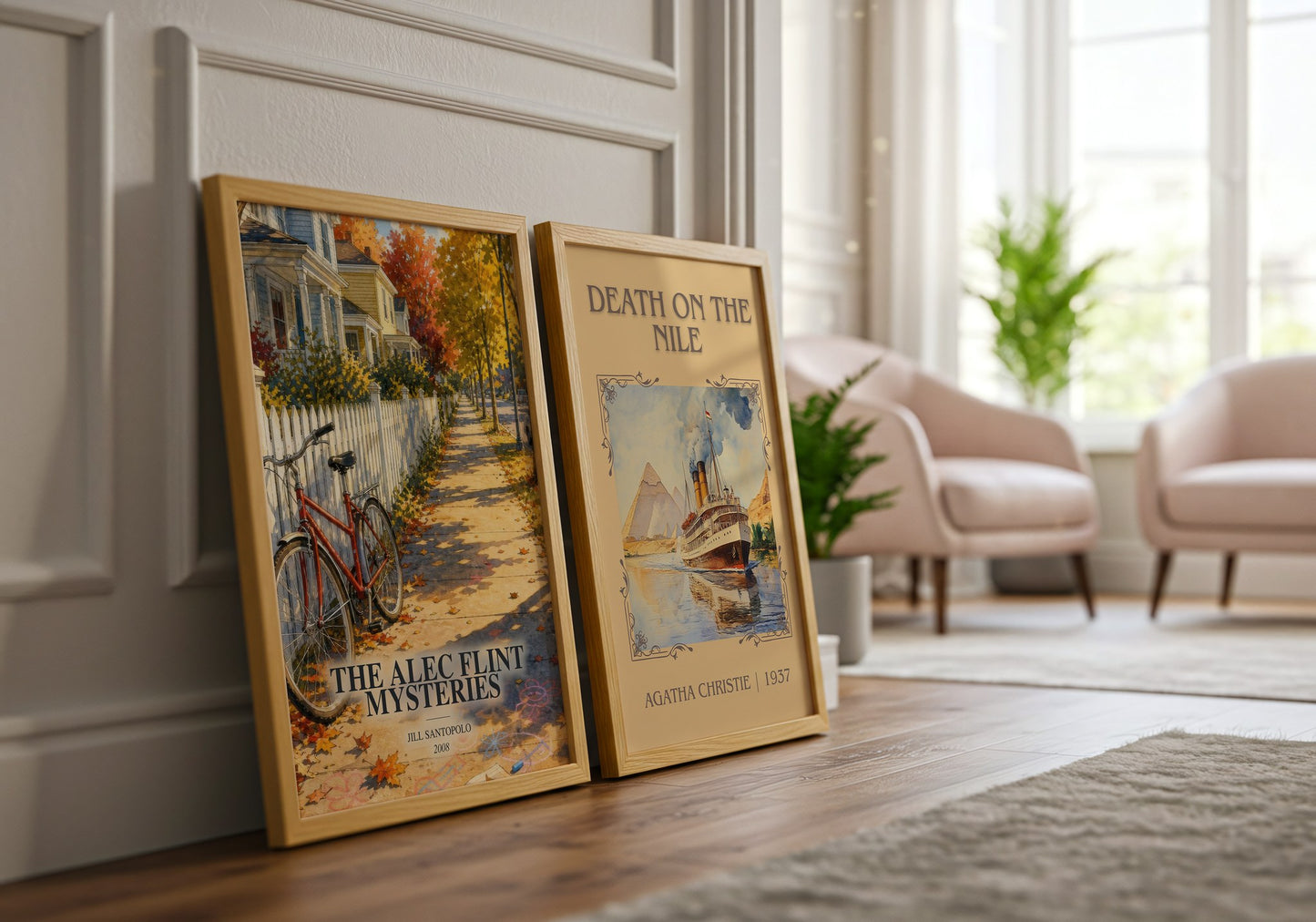 The Alec Flint Mysteries watercolour print framed by window – literary home decor
