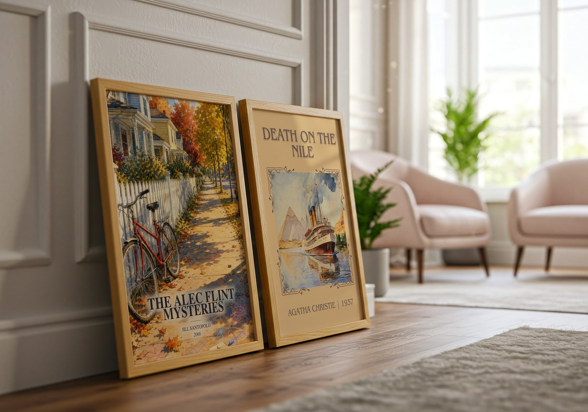 The Alec Flint Mysteries watercolour print framed by window – literary home decor