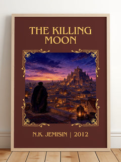 The Killing Moon Classic Book Art Print by N.K. Jemisin – framed print leaning on a wooden floor
