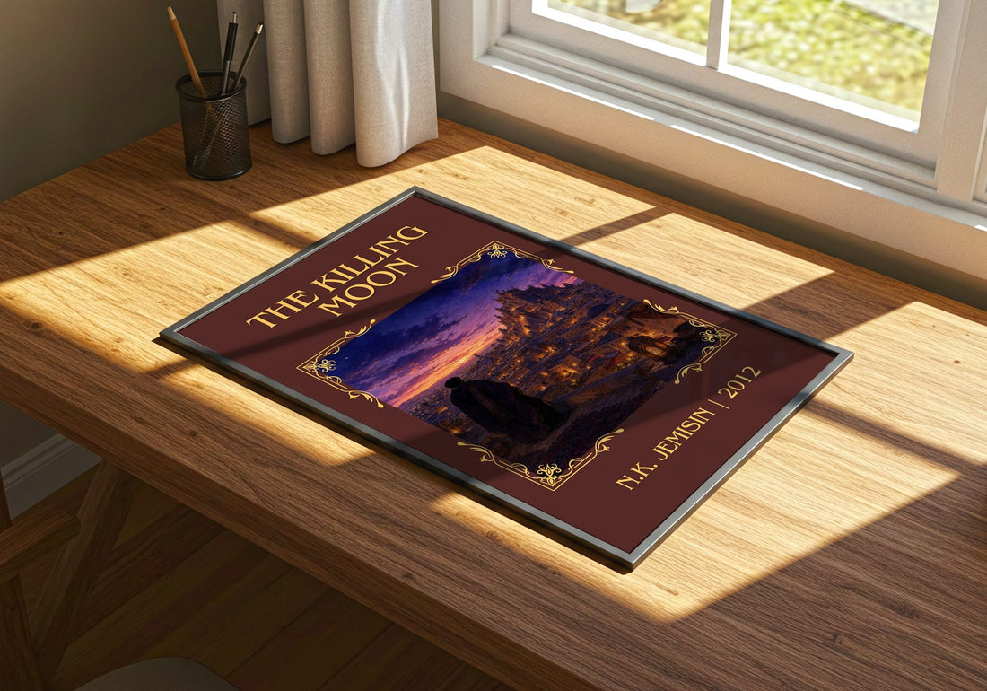 The Killing Moon Classic Book Art Print by N.K. Jemisin – print on a sunlit desk
