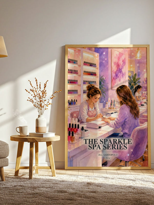The Sparkle Spa Series watercolour print in frame leaning in hallway – childrens wall art