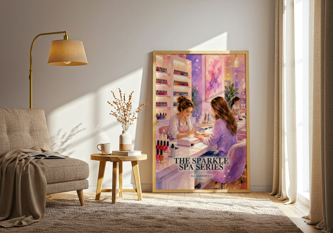 The Sparkle Spa Series watercolour print in frame leaning in hallway – childrens wall art (mockup)