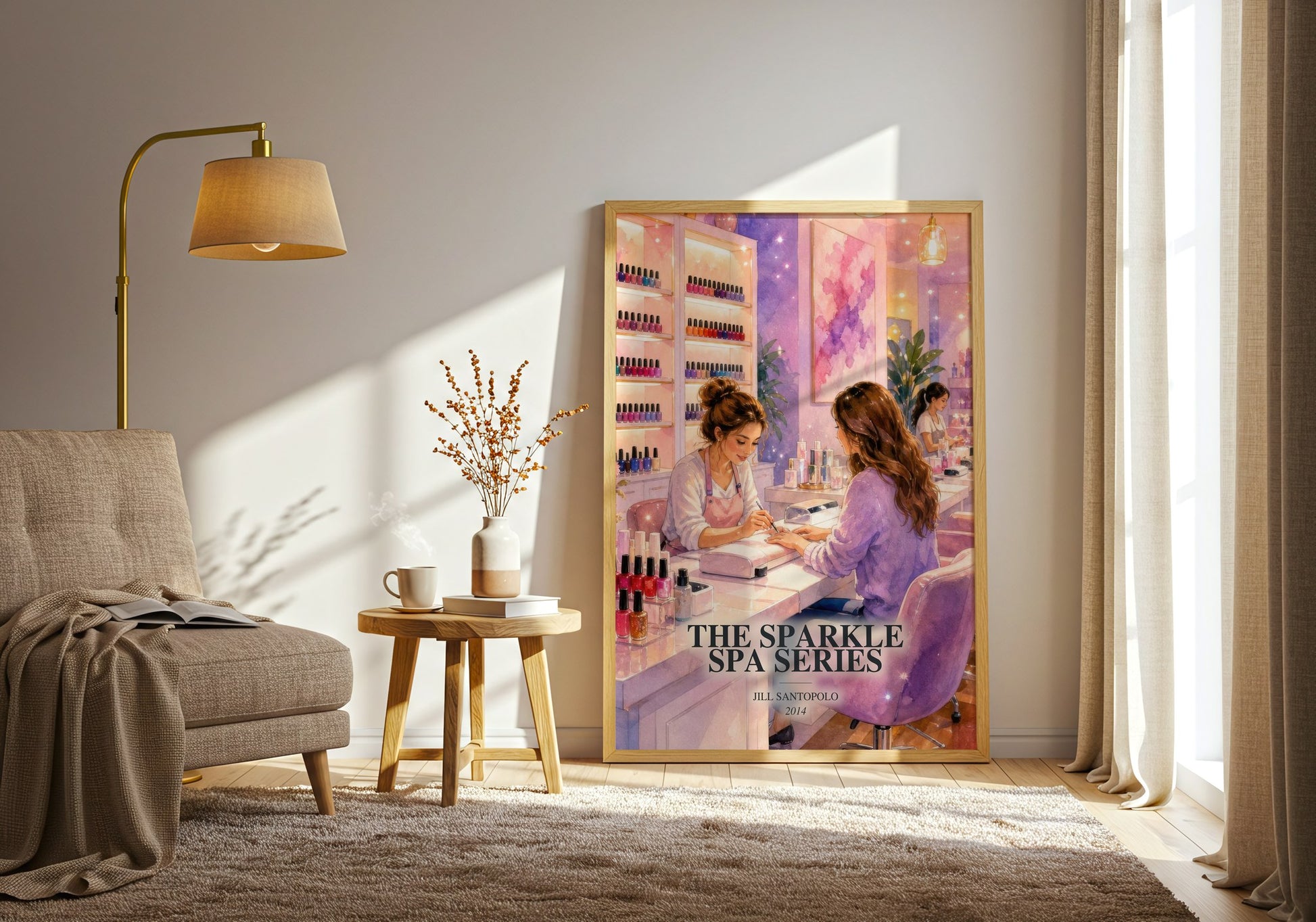 The Sparkle Spa Series watercolour print in frame leaning in hallway – childrens wall art