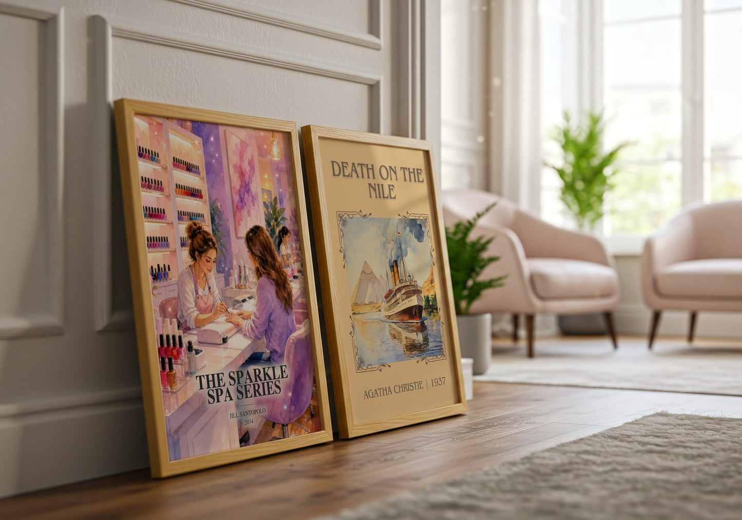 The Sparkle Spa Series watercolour print framed by window – literary home decor