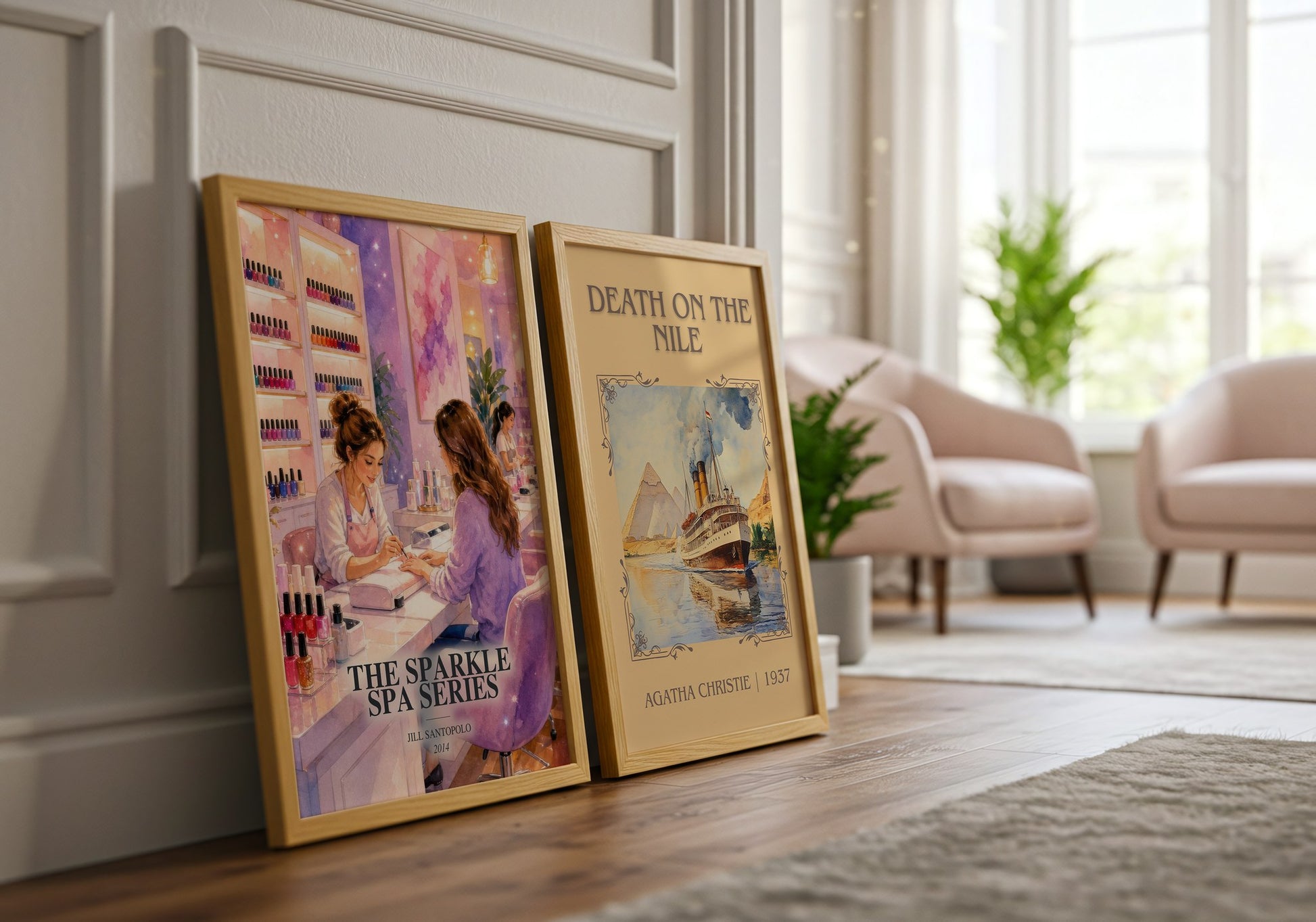 The Sparkle Spa Series watercolour print framed by window – literary home decor
