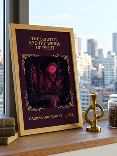 Serpent and the Wings of Night Classic Book Art Print by C. Broadbent – framed print on a city-view windowsill