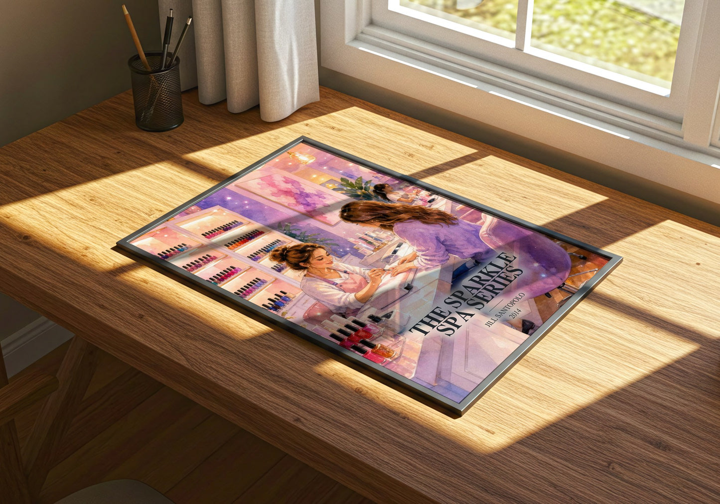 The Sparkle Spa Series watercolour book poster framed on wall – childrens wall art