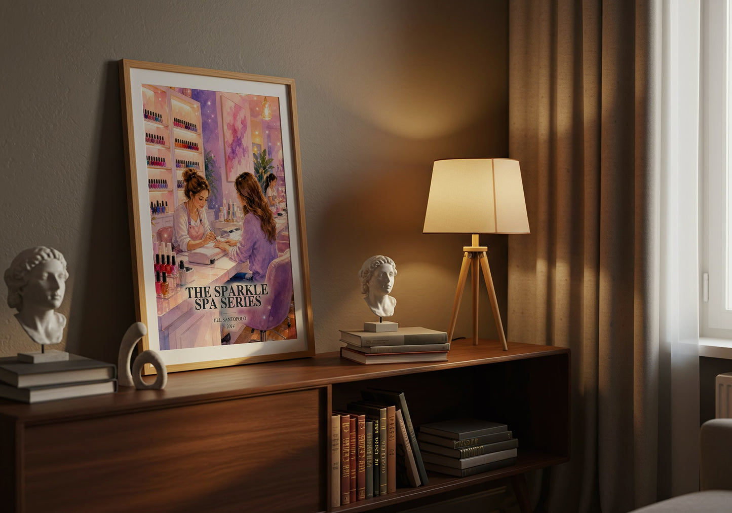 The Sparkle Spa Series watercolour print on bookshelf – Jill Santopolo fan gift