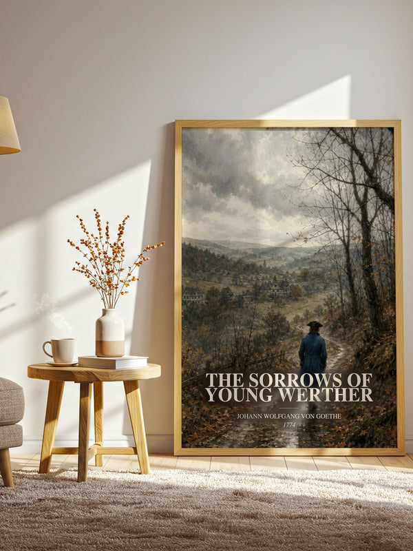 The Sorrows Of Young Werther watercolour print in frame leaning in hallway – classic literature wall art