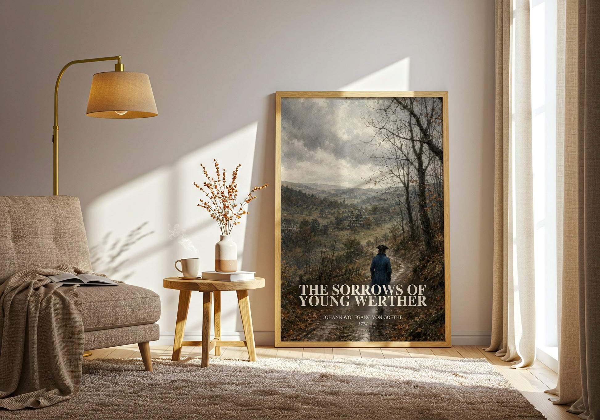 The Sorrows Of Young Werther watercolour print in frame leaning in hallway – classic literature wall art