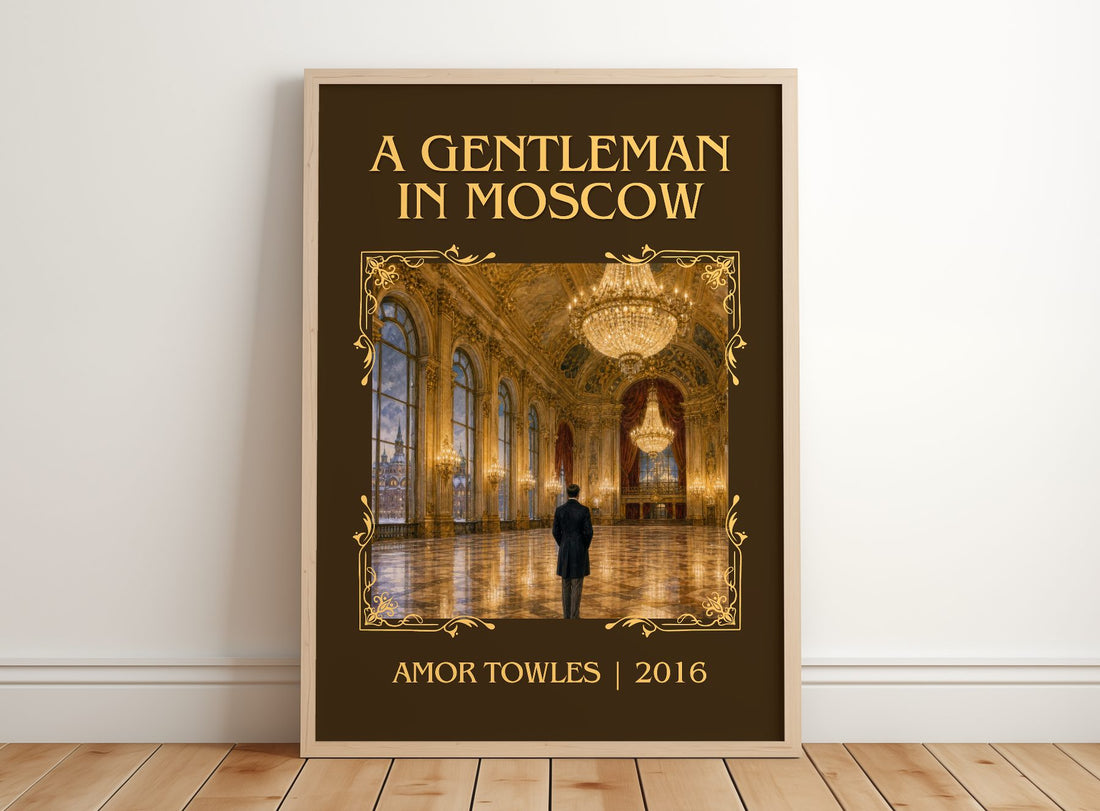 A Gentleman in Moscow Classic Book Art Print by Amor Towles – framed print leaning on a wooden floor