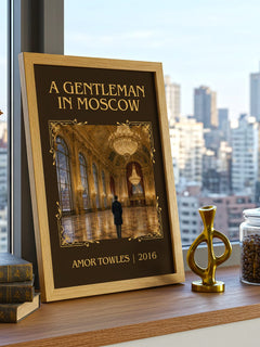 A Gentleman in Moscow Classic Book Art Print by Amor Towles – framed print on a city-view windowsill