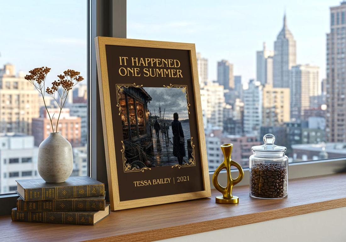 It Happened One Summer Classic Book Art Print by Tessa Bailey – framed print on a city-view windowsill