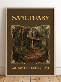 Sanctuary Classic Book Art Print by William Faulkner – framed print leaning on a wooden floor