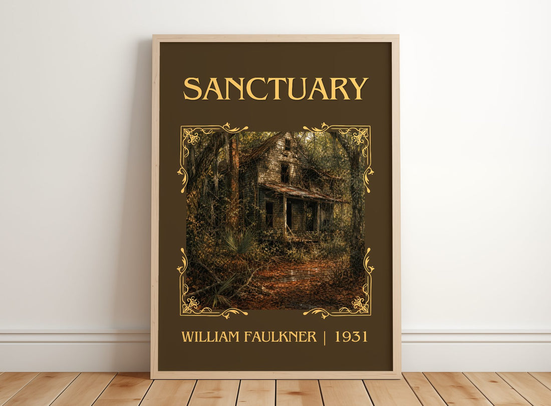 Sanctuary Classic Book Art Print by William Faulkner – framed print leaning on a wooden floor