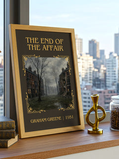 The End of the Affair Classic Book Art Print by Graham Greene – framed print on a city-view windowsill