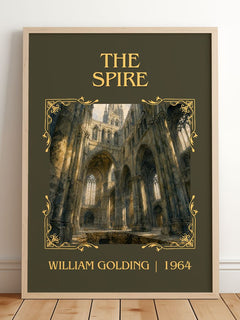 The Spire Classic Book Art Print by William Golding – framed print leaning on a wooden floor