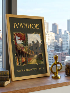 Ivanhoe Classic Book Art Print by Sir Walter Scott – framed print on a city-view windowsill