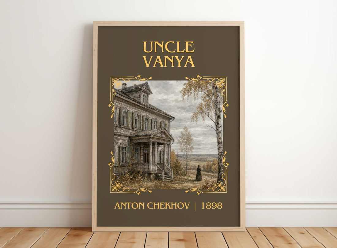 Uncle Vanya Classic Book Art Print by Anton Chekhov – framed print leaning on a wooden floor