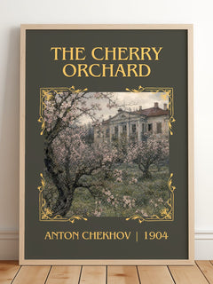 The Cherry Orchard Classic Book Art Print by Anton Chekhov – framed print leaning on a wooden floor