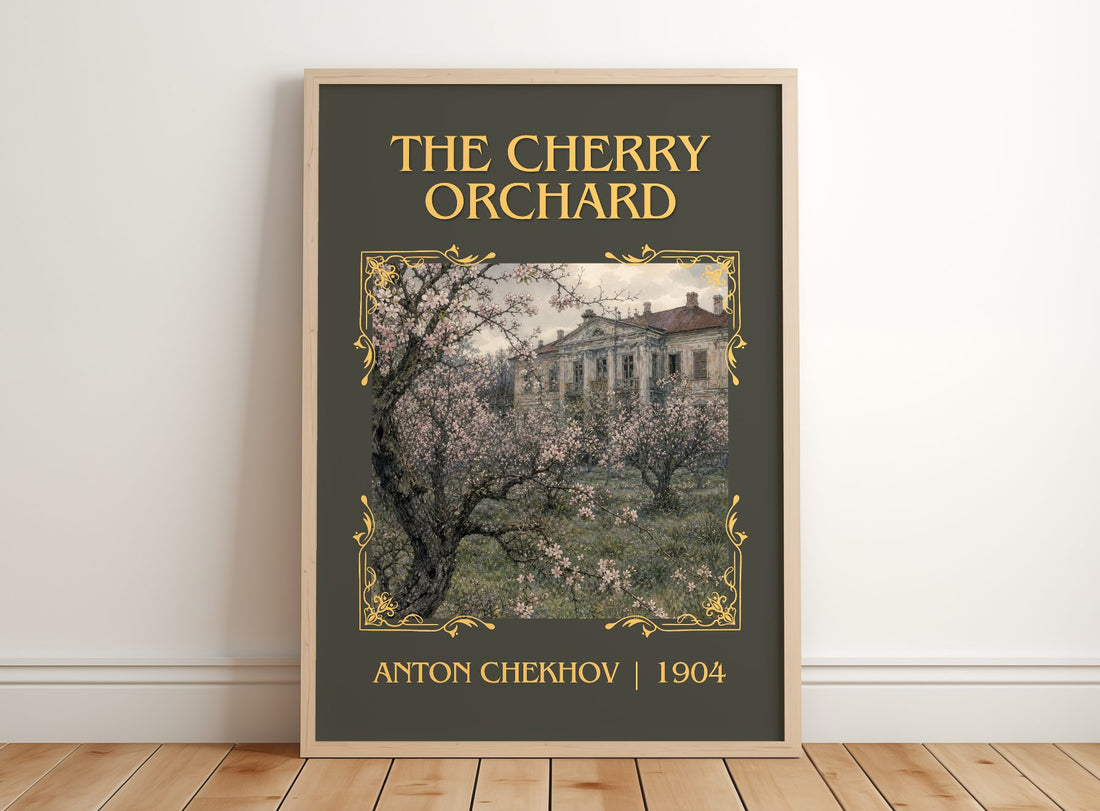 The Cherry Orchard Classic Book Art Print by Anton Chekhov – framed print leaning on a wooden floor