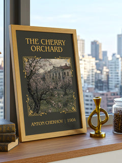The Cherry Orchard Classic Book Art Print by Anton Chekhov – framed print on a city-view windowsill