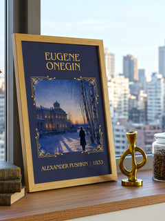 Eugene Onegin Classic Book Art Print by Alexander Pushkin – framed print on a city-view windowsill