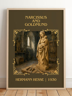 Narcissus and Goldmund Classic Book Art Print by Hermann Hesse – framed print leaning on a wooden floor