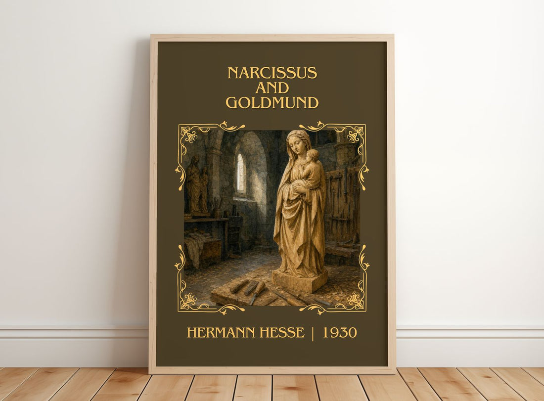 Narcissus and Goldmund Classic Book Art Print by Hermann Hesse – framed print leaning on a wooden floor