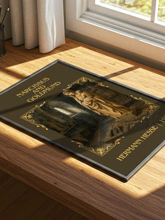 Narcissus and Goldmund Classic Book Art Print by Hermann Hesse – print on a sunlit desk