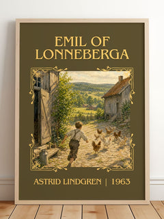 Emil of Lönneberga Classic Book Art Print by Astrid Lindgren – framed print leaning on a wooden floor