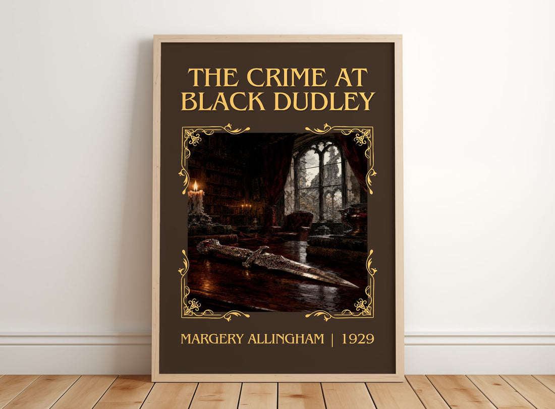 The Crime at Black Dudley Classic Book Art Print by Margery Allingham – framed print leaning on a wooden floor