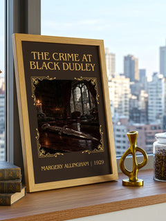 The Crime at Black Dudley Classic Book Art Print by Margery Allingham – framed print on a city-view windowsill