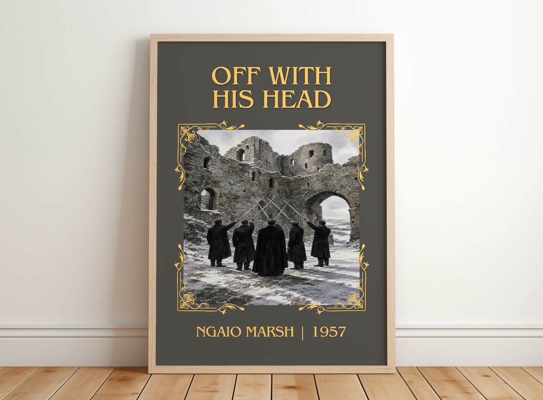 Off With His Head Classic Book Art Print by Ngaio Marsh – framed print leaning on a wooden floor