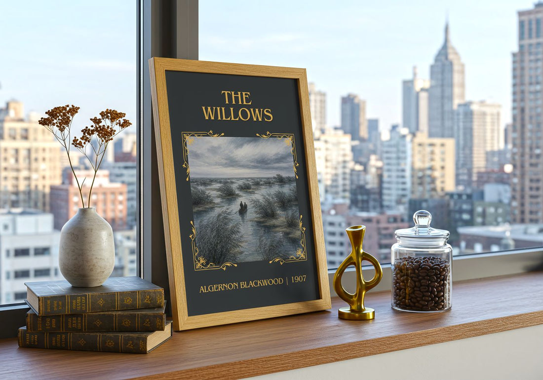 The Willows Classic Book Art Print by Algernon Blackwood – framed print on a city-view windowsill