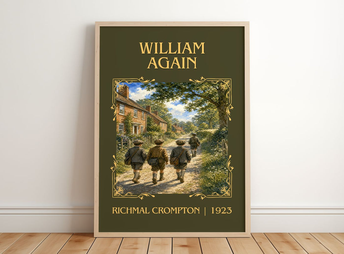 William Again Classic Book Art Print by Richmal Crompton – framed print leaning on a wooden floor