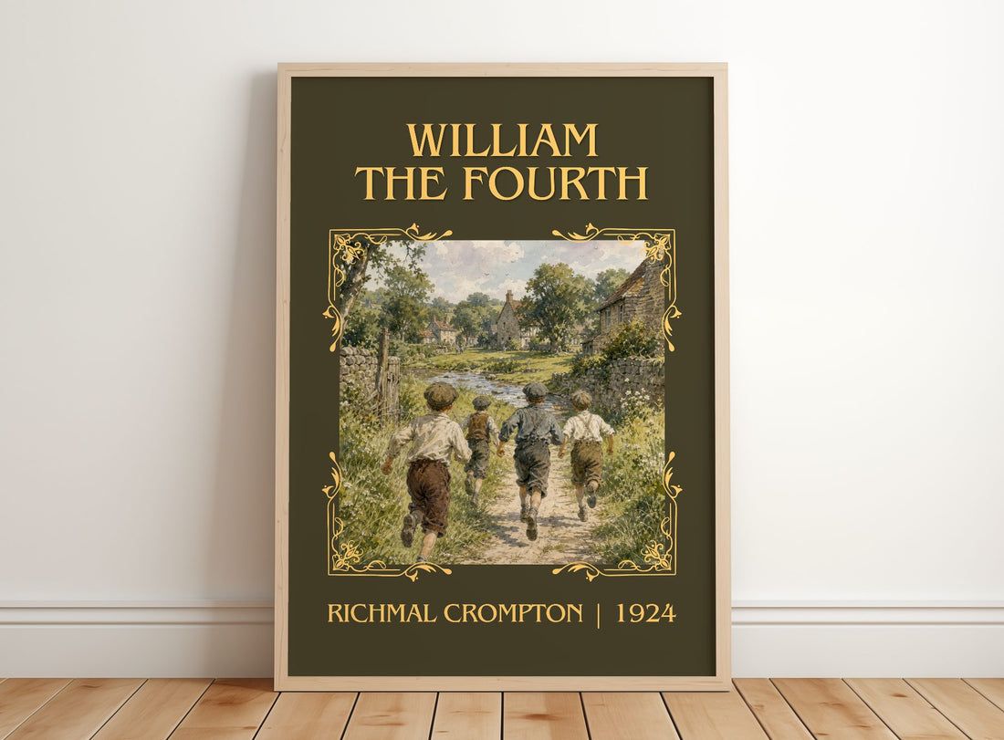 William the Fourth Classic Book Art Print by Richmal Crompton – framed print leaning on a wooden floor