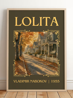 Lolita Classic Book Art Print by Vladimir Nabokov – framed print leaning on a wooden floor