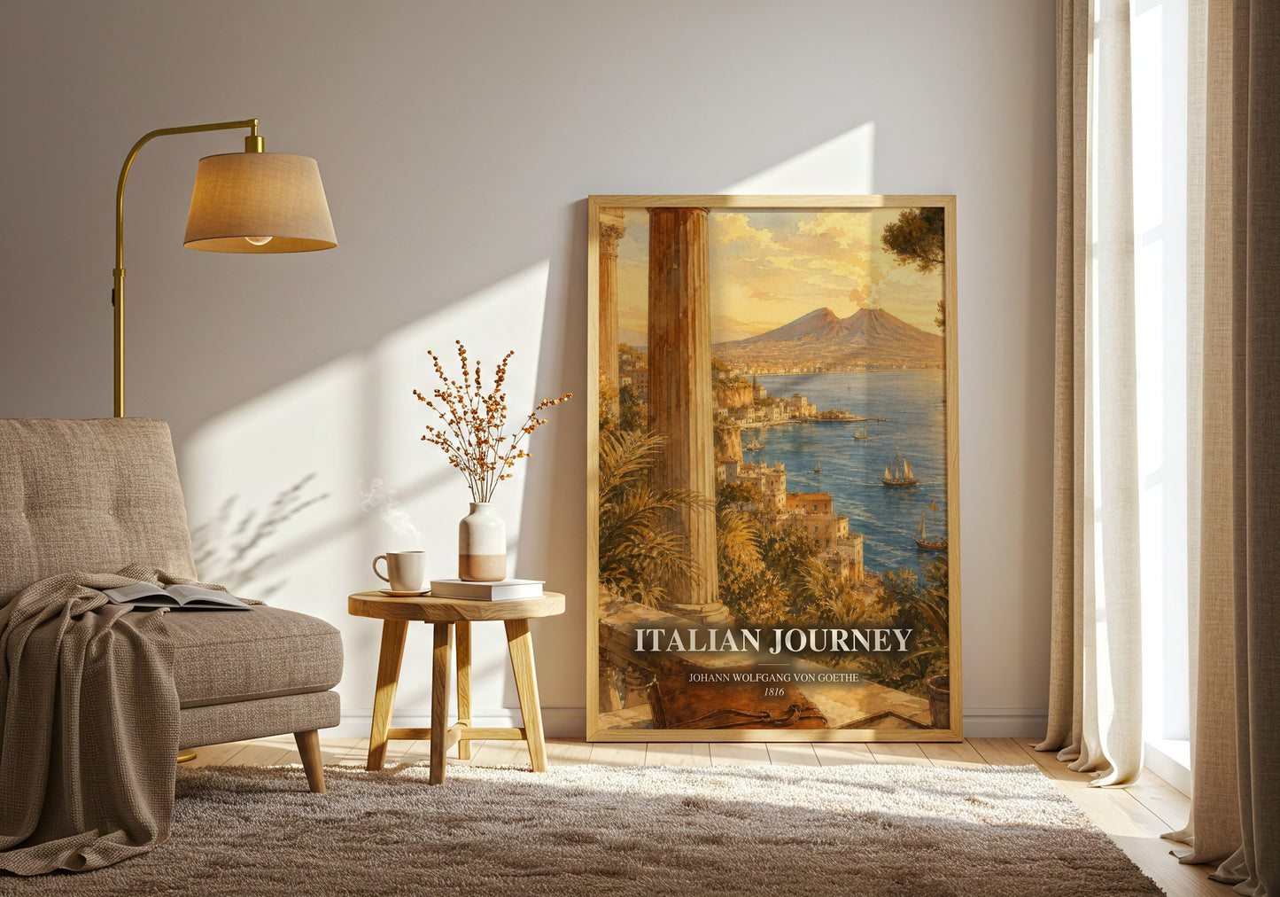 Italian Journey watercolour print in frame leaning in hallway – non fiction wall art