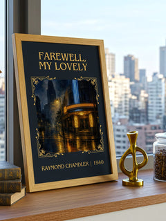 Farewell, My Lovely Classic Book Art Print by Raymond Chandler – framed print on a city-view windowsill
