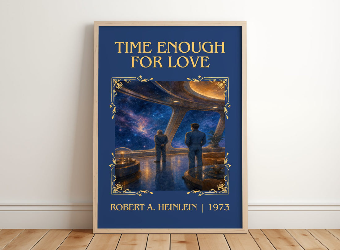 Time Enough for Love Classic Book Art Print by Robert A. Heinlein – framed print leaning on a wooden floor