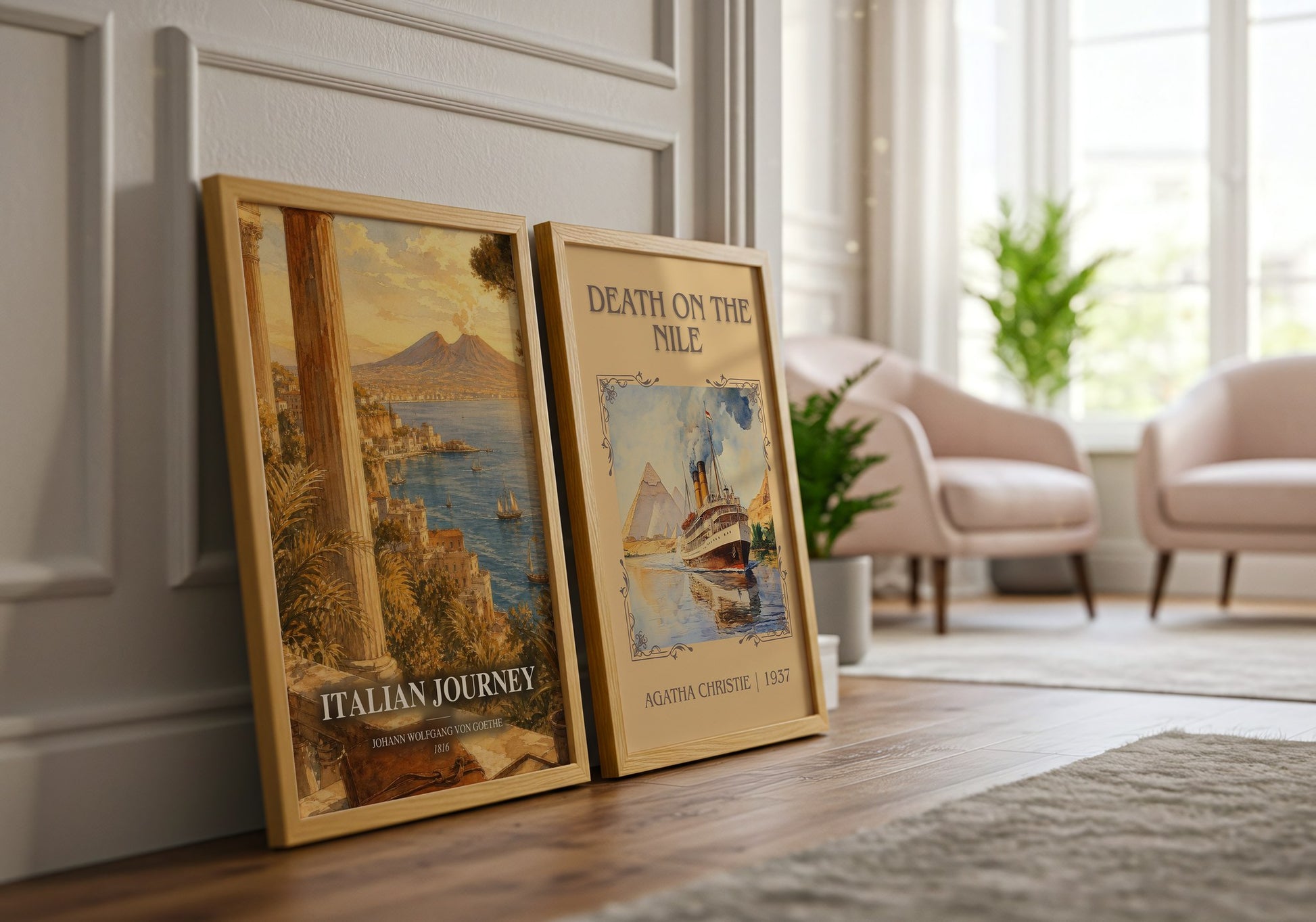 Italian Journey watercolour print framed by window – literary home decor